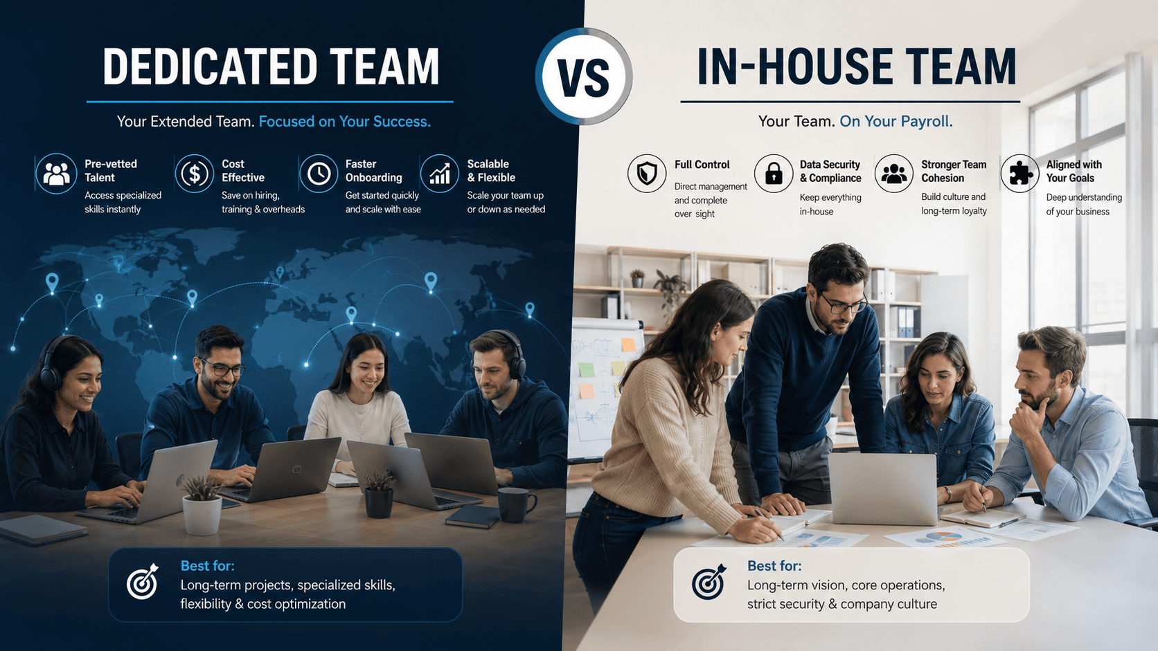 Two development teams working side by side, representing dedicated team vs in-house team models