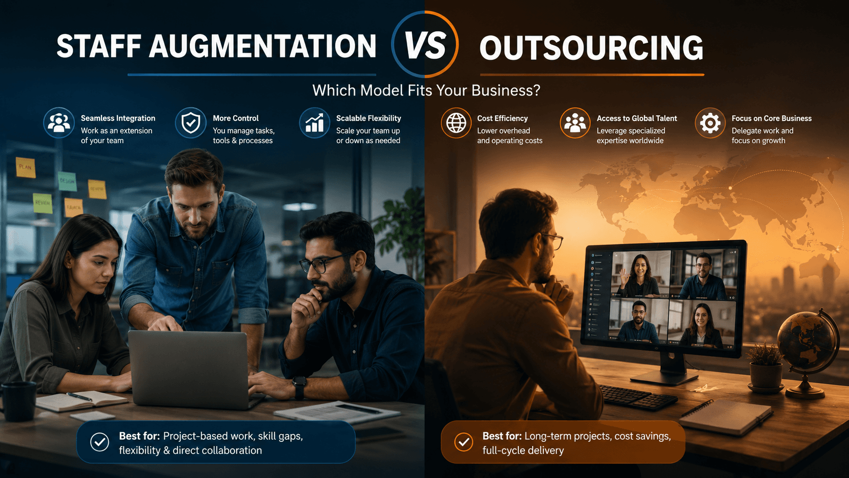Two teams collaborating, representing staff augmentation vs outsourcing models